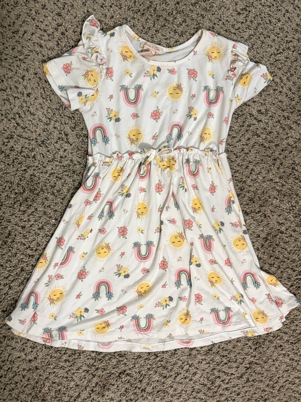 Emma & Elsa Sun & Rainbow Print Girls Dress w/Elastic Ruffe Waist